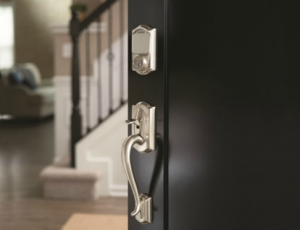 Electronic Schlage locks on a front door of a house in Lombard, Illinois