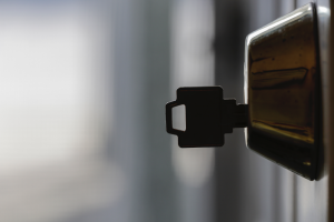 Key inaide a dead bolt lock at a house in Hoffman Estates, Illinois