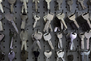 House keys on the wall of a locksmith shop in La Grange, Illinois