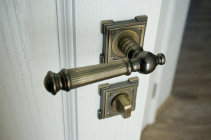 Vintage style door lock hardware at a house in Northlake, Illinois